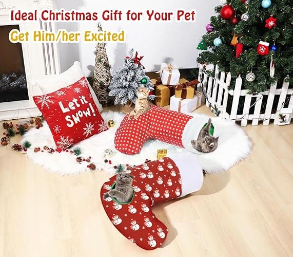 Pawaboo Cat Tunnel Christmas Sock with Bell Balls, Upgraded 2 Way Cat Tunnel Interactive Toy, Pet Xmas Stocking with Crinkle Paper & Strong Spring-Steel Frame for Cat Kitten Kitty, Red Snowman thumbnail 2