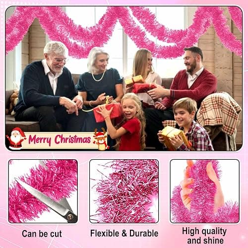 50 Feet Christmas Foil Fringe Garland Metallic Tassle Banner Wall Hanging Tinsel Streamers Backdrop for Parade Floats, Thanksgiving, Birthday, Halloween Party Decorations(2" x 50', Pink) thumbnail 4