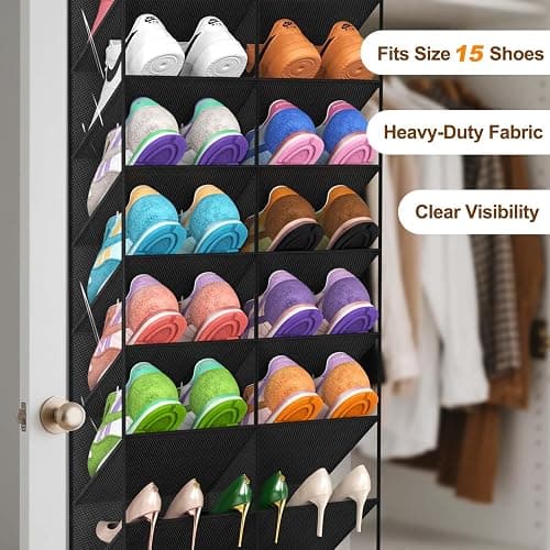 UVIAHOMI 20-30 Pairs Over the Door Shoe Organizer, Clear Pockets Hanging Shoe Storage for Closet, 10-Tier Door Shoes Rack, Handing Shoes Holder Fit All the Family's Sneakers, Boots, Heels, Black thumbnail 6
