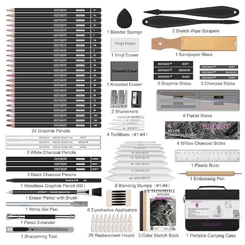 HIFORNY 100 PCS Drawing Set Sketching Kit,Sketch Pencils Art Supplies with Graphite,Charcoal,Blending Tools & Accessories,Portable Zippered Travel Case for Artists & Beginners thumbnail 2