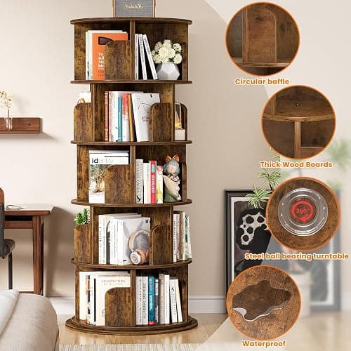 Besiost Rotating Bookshelf Tower, 5 Tier Spinning Bookcase, Revolving 360 Book Shelf Narrow Tall Bookcase, Vertical Turning Round Bookshelf Organizer, Corner Book Shelf for Small Space, Rustic Brown thumbnail 7