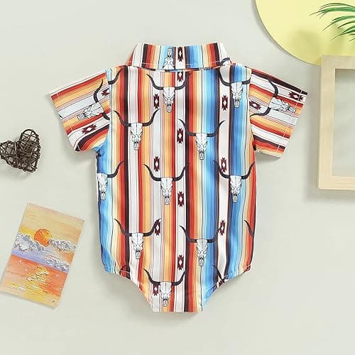 Karuedoo Western Baby Boy Clothes Cow Print Shirt Romper Infant Short Sleeve Button Down Bodysuit One Piece Gentleman Outfit - Short Sleeve Striped - 0-6 Months thumbnail 3