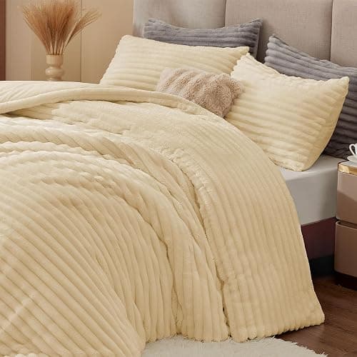 BEDELITE Fleece Queen Comforter Set -Super Soft & Warm Fluffy Beige Bedding, Luxury Fuzzy Heavy Bed Set for Winter with 2 Pillow Cases thumbnail 5