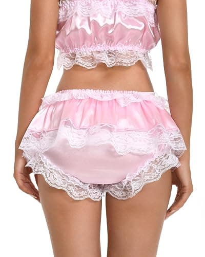 Satini Frilly Lace Sissy Ruffled French Knickers Briefs Lingerie Silky Satin Underwear Panties thumbnail 4
