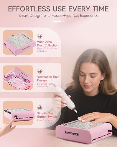 BRANTMAKER Nail Dust Collector with Brush and 2 Reusable Filters, 60W Vacuum Dust Fan for Acrylic Nails (pink) thumbnail 4