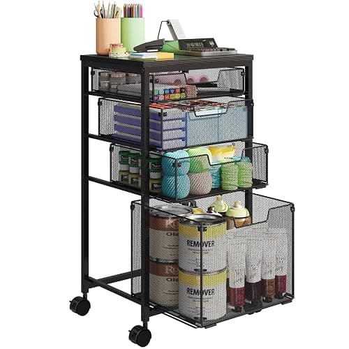 Sbanmao Rolling Storage Cart with Drawers, Utility Cart with Wooden Tabletop and Lockable Wheels Multifunctional Storage Organizer Craft Cart for Classroom, Bedroom, Bathroom, Office, Black - Image 1