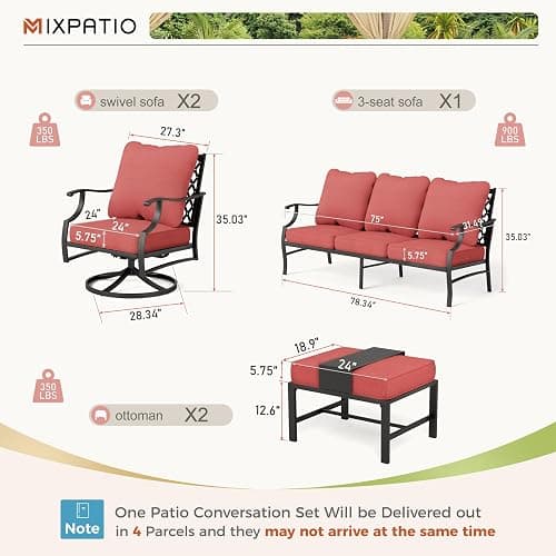 MIXPATIO Patio Furniture Set 5 pcs, Outdoor Patio Furniture, 3-Seat Sofa, 2 Swivel Chairs, 2 Ottomans and 5.75" Extra Thick Cushion, Patio Conversation Set for Garden Backyard Deck,Red thumbnail 2