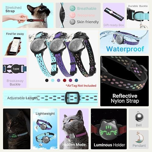 Waterproof Airtag Cat Collar, Breakaway Cat Airtag Collar with Luminous & Reflective Fish Pattern, Lightweight Kitten Collars for Apple Air tag, Hidden GPS Tracker Holder for Cats, Kittens(9-13") thumbnail 2