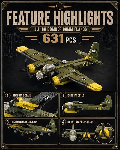 WW2 Military Plane Building Set Compatible with Lego Airplane JU-88 Bomber | WW II Army Aircraft Toys Germany Junker88 Fighter Jet and Flak 36 Building Block Sets History Enthusiasts Collectibles/Gift thumbnail 3