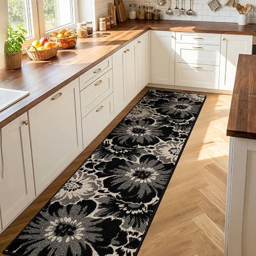 Findosom Hallway Runner Rug 2x8, Non Slip High-Low Textured Floral Washable Runner Rug with Rubber Backing, Boho Carpet Runner for Kitchen, Entryway, Bedroom, Laundry, Black & Beige thumbnail 7
