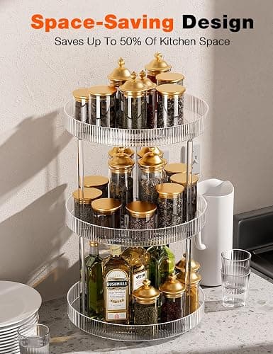 3 Tier Lazy Susan Bathroom Countertop Organizer, 360° Clear Rotating Makeup Cosmetic Perfume Storage Tray, Spinning Vanity Organizer Shelf for Bathroom Cabinet, Dresser, Kitchen(Large) thumbnail 4