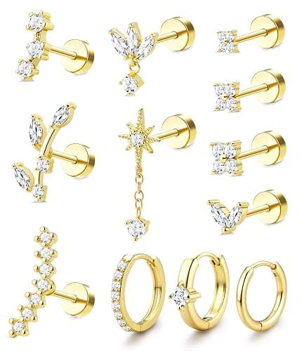 ORAZIO Cartilage Earrings Women Flat Back Tragus Helix Piercing Jewelry 16G | Hypoallergenic Surgical Steel Gold Plated Flatback Stud Hoop Earring Stacks Daith Conch Piercing Jewelry Single PC - Image 1