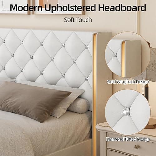 HOMBCK Twin Size Leather Bed Frame with Goldside Wingback Headboard, White | Modern Style, Bed Frame Twin with Velvet Upholstered Headboard, Diamond Tufted Design, No Box Spring Required, Easy Assembly thumbnail 4