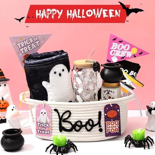 Reallnaive Halloween Boo Woven Basket Cute Storage Spooky Basket with Handle Boo Woven Trick or Treat Gift Organizer for Halloween Party Favors and Decorations Women Men(White,12 x 8 Inch) thumbnail 4
