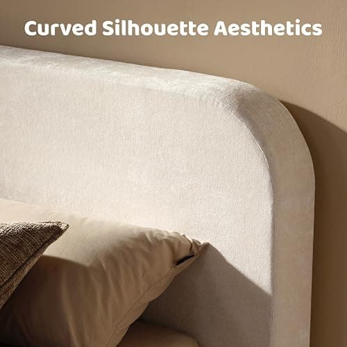 RECCI Airframe Bread Queen Curved Cloud Platform Bed Frame | Fully Cushioned Foam Arched Panels and Soft Rounded Headboard, Easy to Assembly, Beige Chenille Fabric for Aesthetic Bedrooms thumbnail 4
