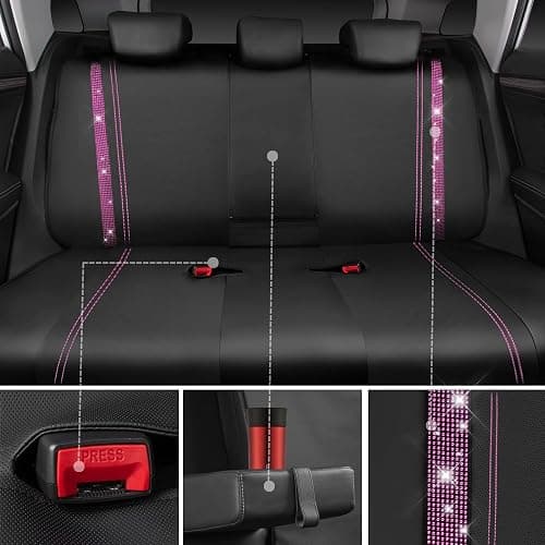 CAR PASS Bling Diamond Car Seat Covers Full Set, Shining Rhinestone Waterproof Faux Leather, Rear with Zipper, Universal Fit Automotive Glitter Crystal Sparkle Strips for Women Girl, Black Pink thumbnail 6