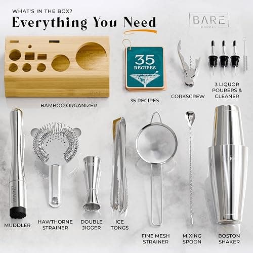 BARE BARREL® Mixology Bartender Kit Bar Set | 14-Piece Cocktail Shaker Set | Martini Barware Mixing Tools for Home Bartending | Incl. 35 Recipe Cards | Gift Set (28oz Boston Shaker, Silver/Natural) thumbnail 4