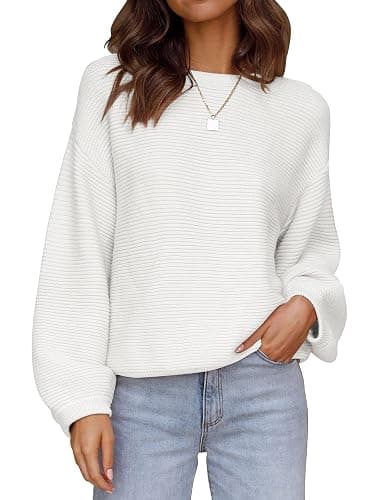 ZESICA Women's Crew Neck Long Lantern Sleeve Fall 2025 Casual Loose Ribbed Knit Solid Soft Pullover Sweater Tops - Image 1