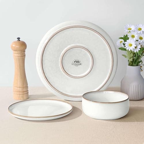 Herogo Plates and Bowls Set for 4, 12 Pieces Stoneware Dinnerware Sets, Double Reactive Glaze, Microwave & Dishwasher Safe, Scratch Resistant, Ivory White thumbnail 2