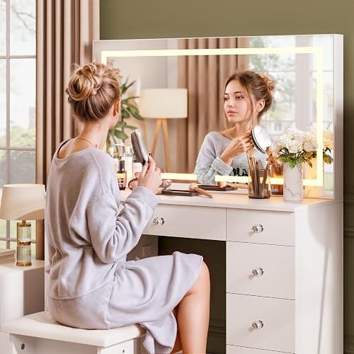 SMOOL Vanity with Mirror and Lights - Vanity Desk with Power Outlet and 9 Drawers, 3 Color Lighting Modes, Adjustable Brightness, Makeup Vanity with Soft Cushioned Stool for Bedroom, White 43Inches thumbnail 5
