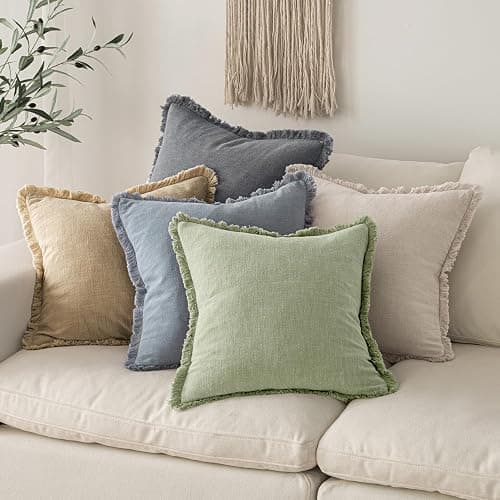 MIULEE Decorative Throw Pillow Covers Neutral Linen Fringe Throw Pillows Set of 2 Sage Green Boho Farmhouse Cushion Covers with Tassels for Couch Sofa Bed Living Room Spring Home Decor 20x20 Inch thumbnail 6