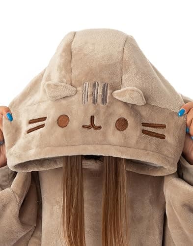 Pusheen Womens Wearable Hooded Blanket | Ladies Embroidered Cat Fleece Hoodie in Brown | Cozy Pullover Loungewear thumbnail 6