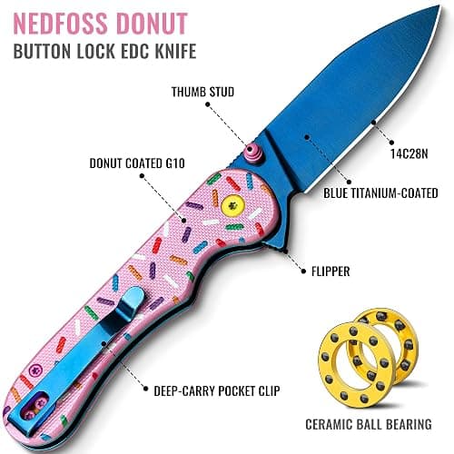 NedFoss DONUT Pink Pocket Knife for Women Men, 2.9" Blade Small EDC Knife, 14C28N Steel Button Lock Knife, Unique Donut Design G10 Handle Folding Knives thumbnail 5