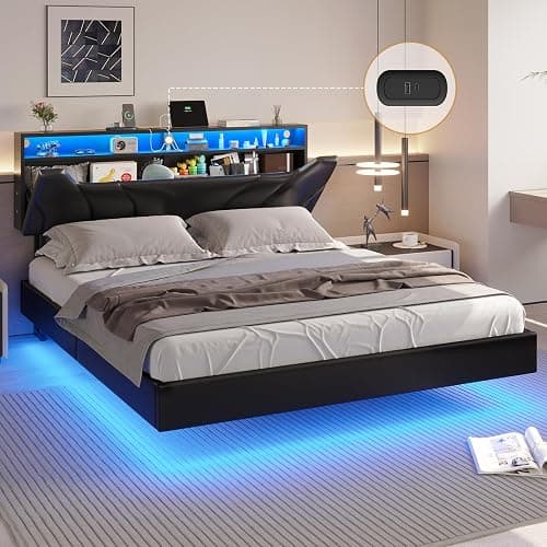 DICTAC Full Size Floating Bed Frame with led Lights & Storage Headboard Full Led Visual Floating Bed with Outlets Faux Leather Upholstered Platform Bed with Hidden Storage,No Box Spring Needed,Black - Image 1