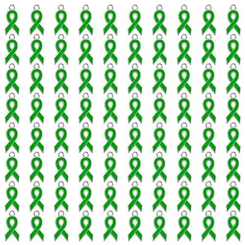 WANDIC 80 Pcs Green Ribbon Pendants, Plastic Silver-rimmed Mental Health Awareness Charms Environment protection Liver Cancer Accessory for Jewelry Making - Image 1