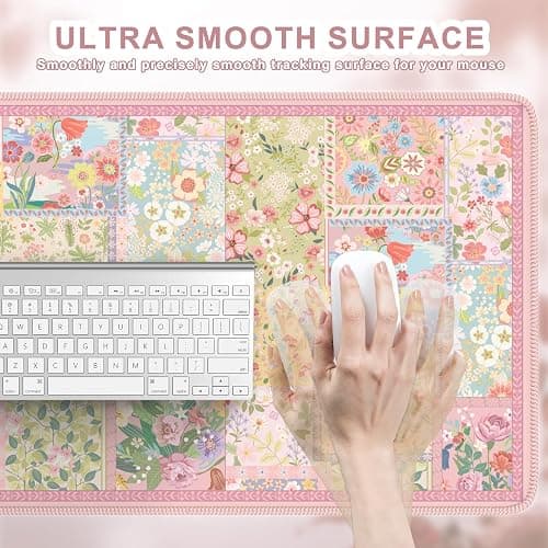 iCasso Desk Mat,Mouse Pad for Office Desk,35.4x15.7in,Pink Flowers | Desk Pad Home Office Decor Supplies, Desk Accessories for Women, Non-Slip Mousepad with Stitched Edge, Smooth Water-Resistant thumbnail 3