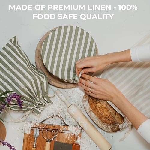 KIBAGA Beautiful Linen Bread Bag Set and Proofing Cover For Homemade Sourdough Bread - Keeps Your Loaf Fresh for Days - Reusable and Easy to Clean Storage Bag, The Perfect Baking Accessories thumbnail 5