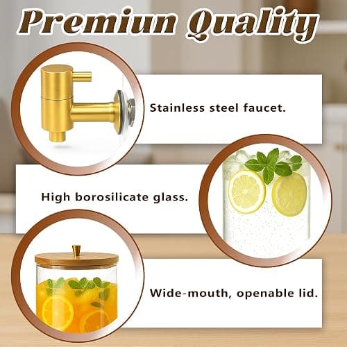 VERSSURE 2PCS Drink Dispenser, 1.5 Gallon Each Glass Beverage Dispenser with Wood Stand and Stainless Steel Faucet Ideal for Juice, Lemonade, and Tea,Large Drink Dispenser for Parties and Home Use thumbnail 5