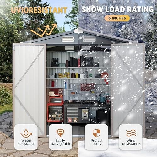 Aoxun 7.4x5.3FT Shed with Floor Galvanized Steel Outdoor Storage Shed Metal Garden Shed with Double Doors, 15mm Moisture-Proof Floor & Ventilation, Sloped Roof for Bike/Generator/Tool Storage (Brown) thumbnail 6