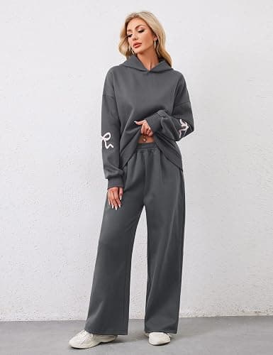Livtany Women's 2 Piece Outfits Bow Trim Print Hoodie Sweatsuit Sets Oversized Sweatshirt Wide Leg Sweatpants With Pockets thumbnail 3