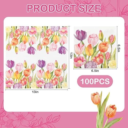 100 Spring Flowers Luncheon Napkins Watercolor Tulip Paper Hand Napkins 6.5 Inch Floral Garden Party Beverage Napkins for Baby Shower Wedding Easter Party Supplies thumbnail 2