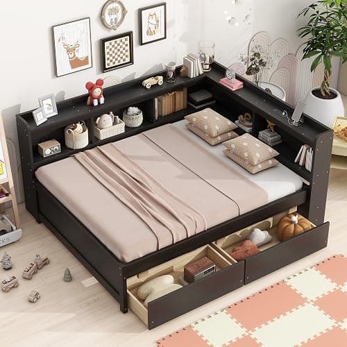 SEHAONOHOME Full Size Wood Daybed with Two Drawers and Storage Bookcases, Multifunctional Sofa Bed with Power Outlets and USB Charging Ports, Espresso - Espresso With Drawer - Full - Image 1