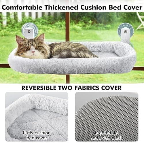 AMOSIJOY Cordless Cat Window Perch, Cat Hammock for Wall with 4 Strong Suction Cups, Solid Metal Frame and Two Replaceable Covers, Foldable Cat Beds for Indoor Cats (Large-Cushion Bed-Gray) thumbnail 5