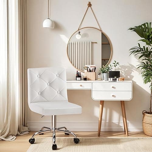 VECELO PU Leather Mid-Back Armless Vanity Chair Adjustable Height 360° Rolling Swivel for Home Office Work, White - White thumbnail 2