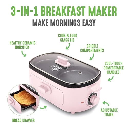 GreenLife 3-in-1 Breakfast Maker Station, Healthy Ceramic Nonstick Dual Griddles for Eggs Meat Sausage Bacon Pancakes and Breakfast Sandwiches, 2 Slice Toast Drawer, Easy-to-use Timer, Pink thumbnail 3