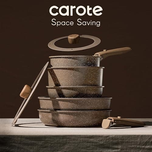 CAROTE 17PCS Pots and Pans Set Non Stick with Detachable Handle, Nonstick Cookware Sets, Cooking Kitchen Set, Oven/Dishwasher Safe, Induction Cookware, Brown, RV Kitchen Pot and Pan thumbnail 5