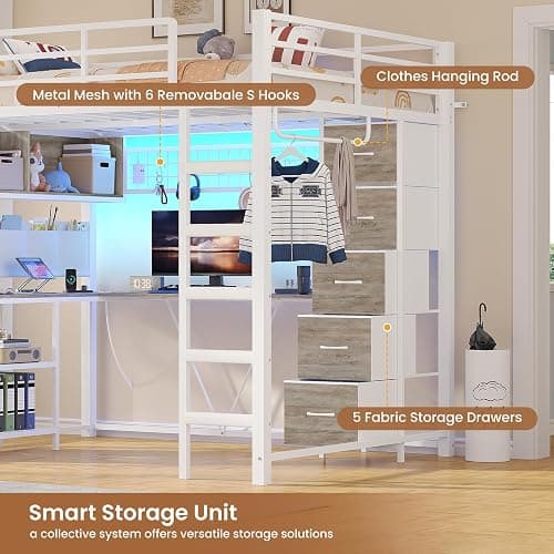 VIAGDO Loft Bed Full Size with L-Shaped Desk and 5 Storage Drawers, Full Size Loft Bed with Charging Station and LED Lights, Metal Loft Bed with Safety Guardrail & Ladder, Space-Saving (White) thumbnail 3