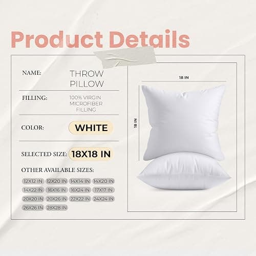 Utopia Bedding 18x18 Pillow Inserts, Set of 2, White – Indoor Decorative Throw Pillows for Bed, Sofa & Couch – Soft, Supportive & Fluffy Cushion Inserts thumbnail 3