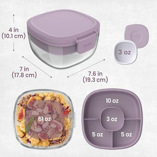 Bentgo Glass Salad Container - 7.6-Cup Salad Bowl with Airtight Lid, Leak-Proof Sauce Container, 4-Compartment Bento Tray & Reusable Fork - BPA-Free for Meal Prep, Office & More (Lavender) thumbnail 2
