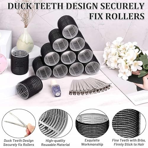 Big Self-Grip Hair Curlers Rollers with Stainless Steel Duckbill Clips for Long, Medium, Thick Hair and Bangs Volume (Black) thumbnail 3