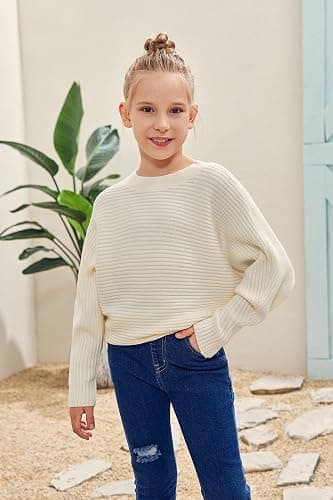 Mafulus Girl's Oversized Crewneck Fall Sweaters Kids Batwing Long Sleeve Slouchy Chunky Cute Pullover Jumper Shirts 5-14T thumbnail 3