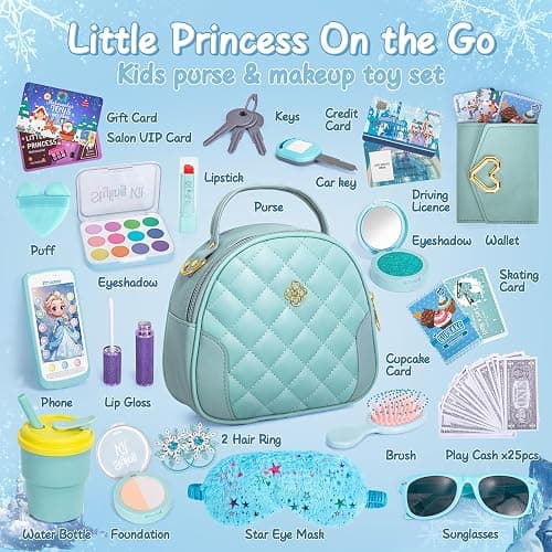 Hohosunlar Play Purse for Little Girl, Princess Toy Handbag with Accessories, Pretend Play Makeup, Kids Phone, Toddler Wallet, Water Bottle, Eye Mask, Birthday Present for Girls 3 4 5 6 7 8 Year Old thumbnail 2
