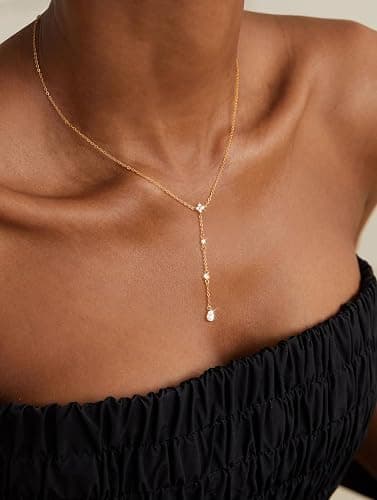 CHESKY Lariat Gold Necklace for Women Trendy, Dainty Long Necklace 14k Gold Plated/Silver Y-Shaped Pendant Necklace Layered Cz Beaded Chain Drop Necklaces Simple Gold Jewelry For Women Gift thumbnail 2