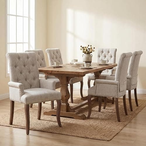 Bannion Upholstered Dining Chairs with Arms Set of 6, Greyish Beige, 6 Pack | Tufted Chenille Kitchen Chairs with Arms, Modern Farmhouse Armchair with Nailhead Trim for Dining Room, Home Office - Image 1
