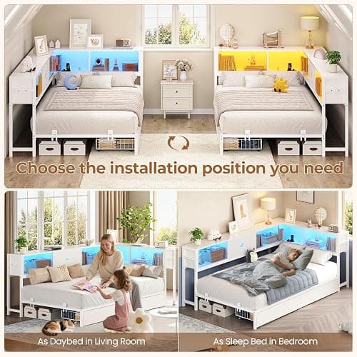 Hasuit Corner Twin Bed Frame with Storage Drawers and Bookcase Headboard, Twin Size Metal Platform Corner Bed Frame with Charging Station and LED Lights, Twin Daybed for Kids Teens Guests, White thumbnail 7