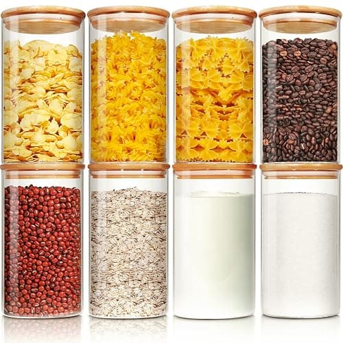 HomArtist Glass Jars with Bamboo Lids 28 floz [Set of 8], Glass Canisters with Airtight Lids, Glass Food Storage Containers for Pasta, Oats, Coffee, Flour, Sugar, Rice, Best for Kitchen & Pantry - Image 1